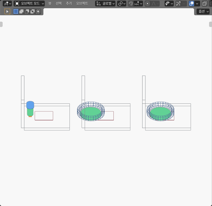 Actual Blender SOLID-editor view of a rigid brush, a centered grinder, and an offset grinder at the same generic weld corner.