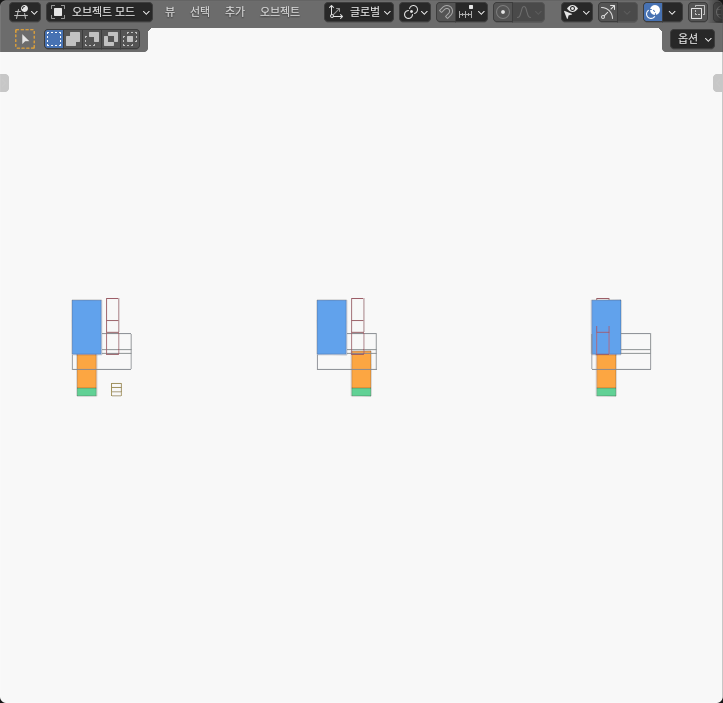 Actual Blender SOLID-editor view of baseline, local-carriage correction, and whole-tool correction cells.