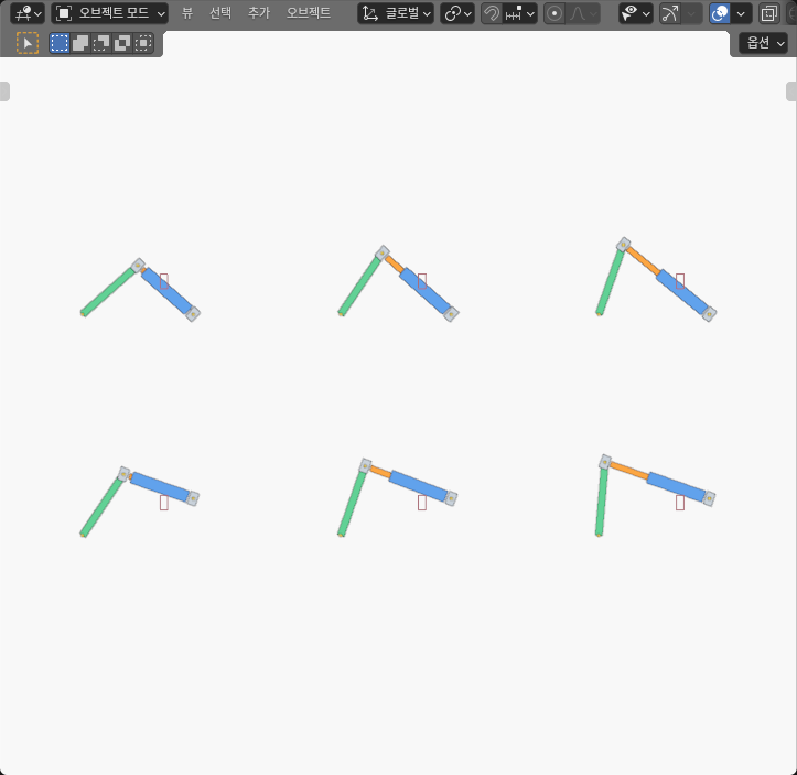 Blender SOLID-editor layout of near and offset actuator mounts at 100, 125, and 150 millimetre pin lengths.