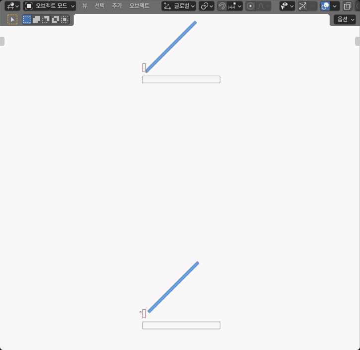 Blender SOLID-editor comparison of edge and offset hinge layouts at 45 degrees.
