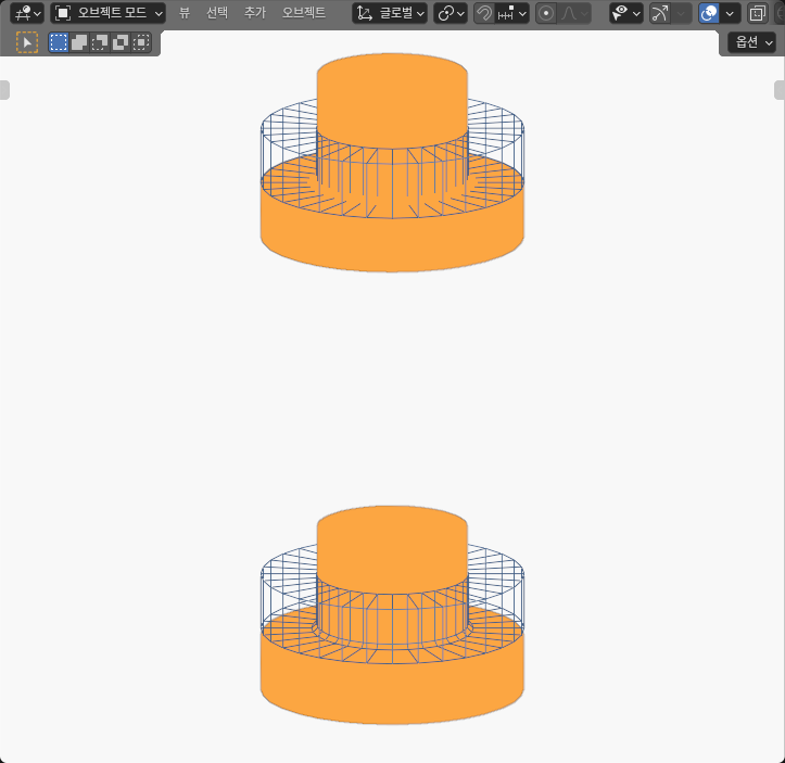 Blender SOLID-editor view of a large-fillet bearing shoulder pair at nominal seating above and with 0.75 mm axial relief below.