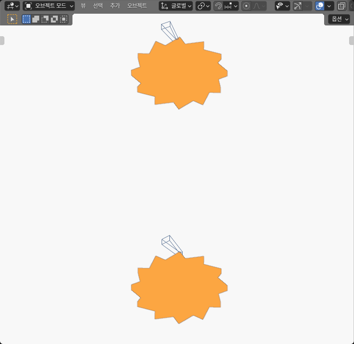 Blender SOLID editor view of orange ratchet wheels and blue wire pawls at a 10-degree wheel phase, with the 15-degree stop above and the 25-degree stop below.