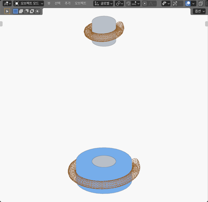 Blender SOLID editor view of a gray drum with an orange-brown wire cable at 12 mm centerline radius above, and a gray drum inside a blue winding envelope with a wider cable at 24 mm radius below.