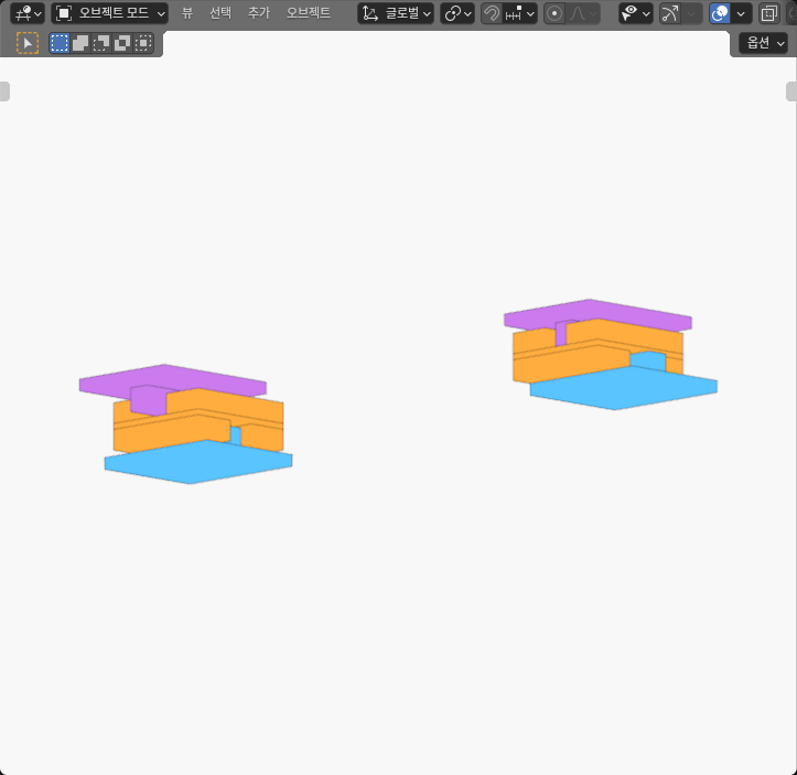Actual Blender Oldham-style assemblies: 6 mm Y offset on the left and 6 mm X offset on the right
