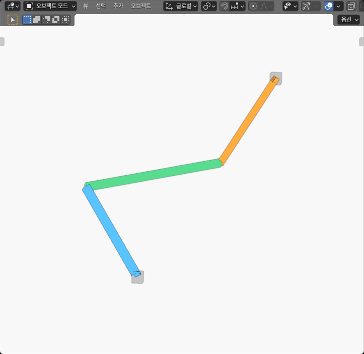 Actual Blender 120 degree four-bar pose: blue input, green coupler, orange output and gray ground references