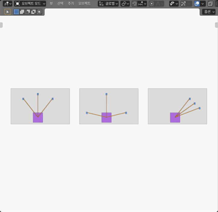 Actual Blender balanced, shallow and one-sided cable-reference layouts on three support panels