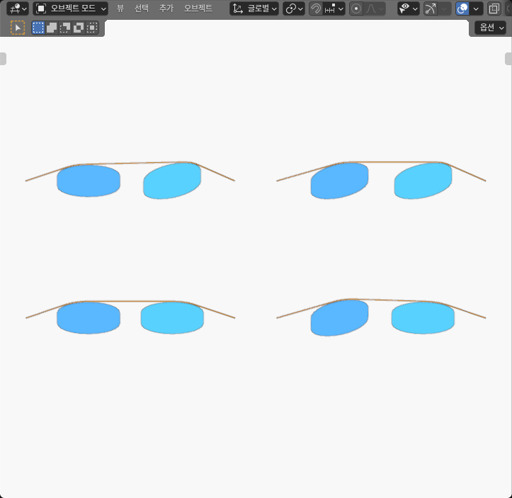 Actual Blender view of four paired blue tendon-guide states and orange upper-route references
