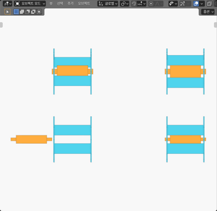Four Blender roll-pocket assemblies: large mismatched and large matched above, small outside and small inserted below