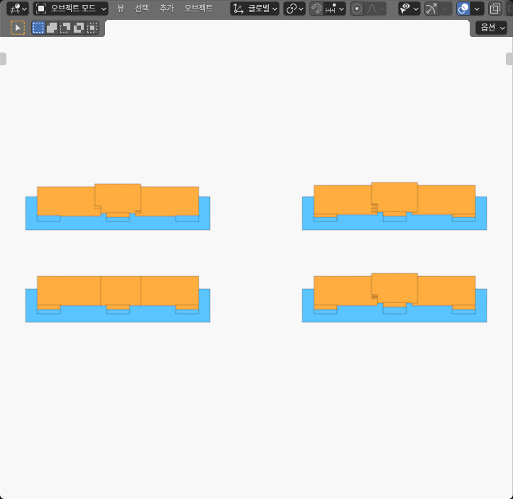 Four actual Blender beam-fit layouts with blue receiving frames and orange straight or bowed members