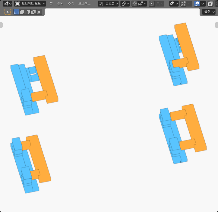 Four actual Blender keyed-joint assemblies with blue receivers and orange incoming members