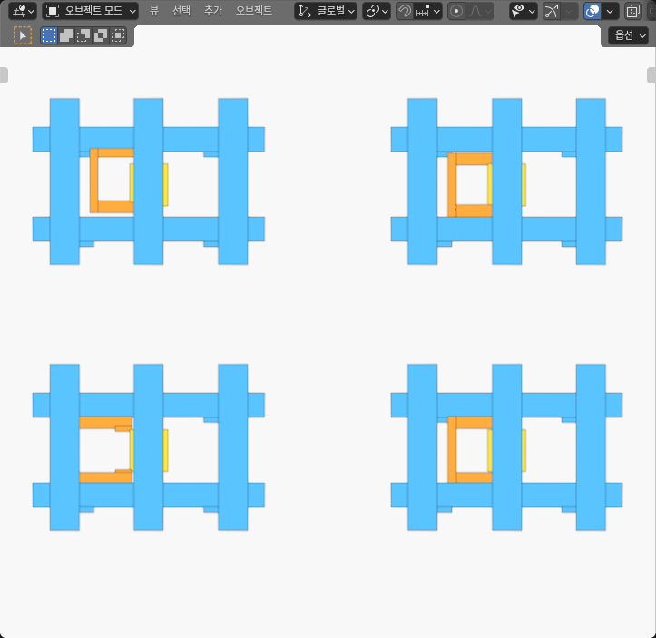 Four complete generic pallet and removal-head assemblies in Blender