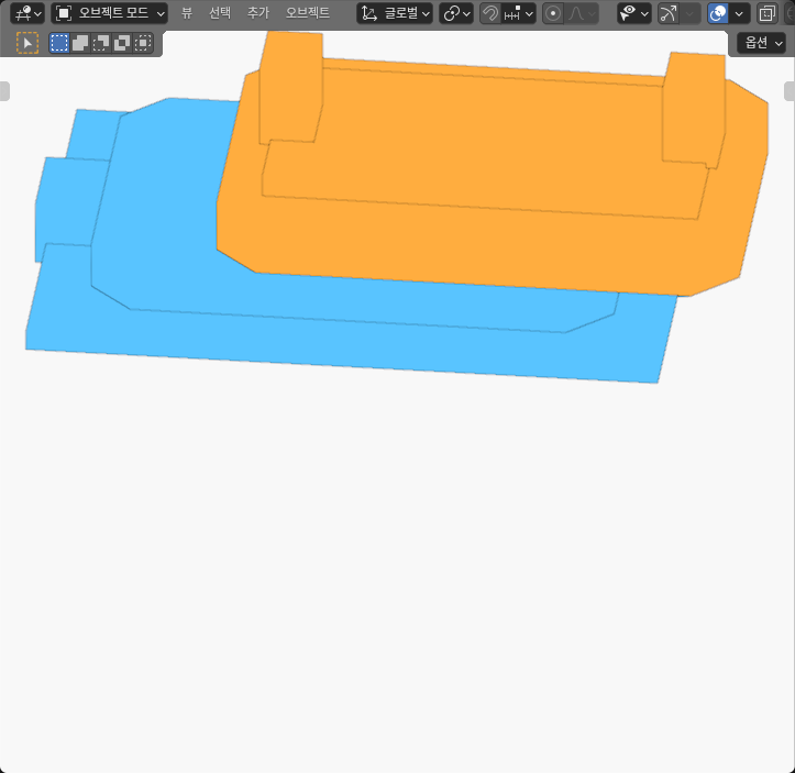 Opaque Blender view of the orange upper sandwich assembly shifted relative to the blue lower half and fixture