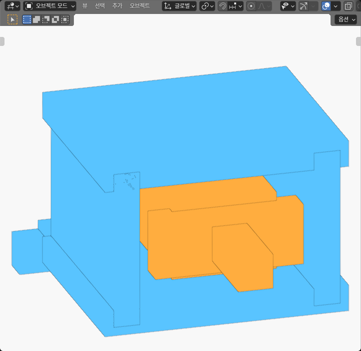 Original Blender SOLID view of the blue open receiver and orange article, gripping pad and carrier stem in the 40mm opening at unchanged pose.