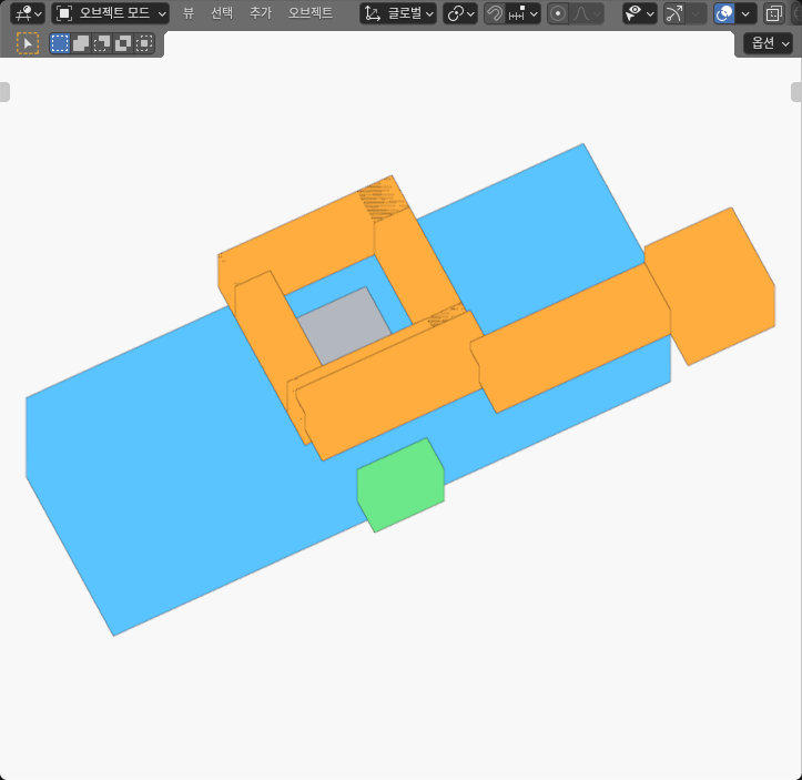 Original Blender SOLID view at 90 degrees: blue board, orange picker, green originally selected fastener at the near side and a different gray head inside the window.