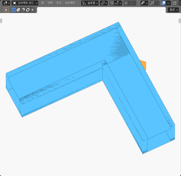 Whole original Blender SOLID view of a blue L-shaped guide, with a small exposed orange portion of the long fastener at the bend.