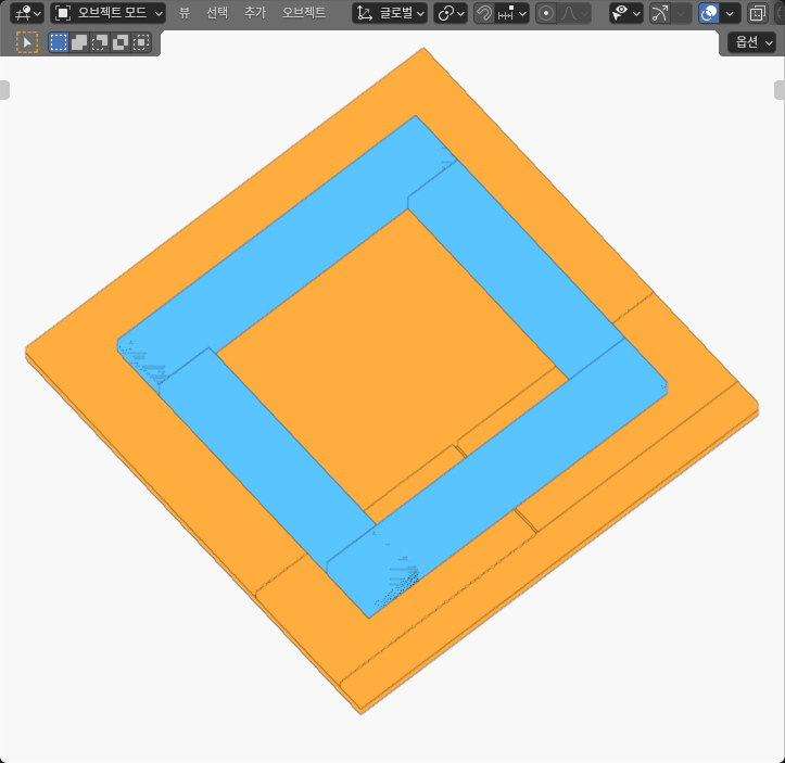 Actual opaque Blender SOLID viewport with the blue perimeter head above the orange coupon in the through-seam case