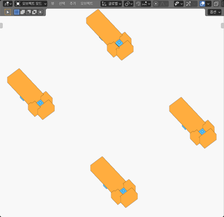 Actual Blender SOLID view of four closed double-gripper states; orange frames obscure most blue carried assemblies