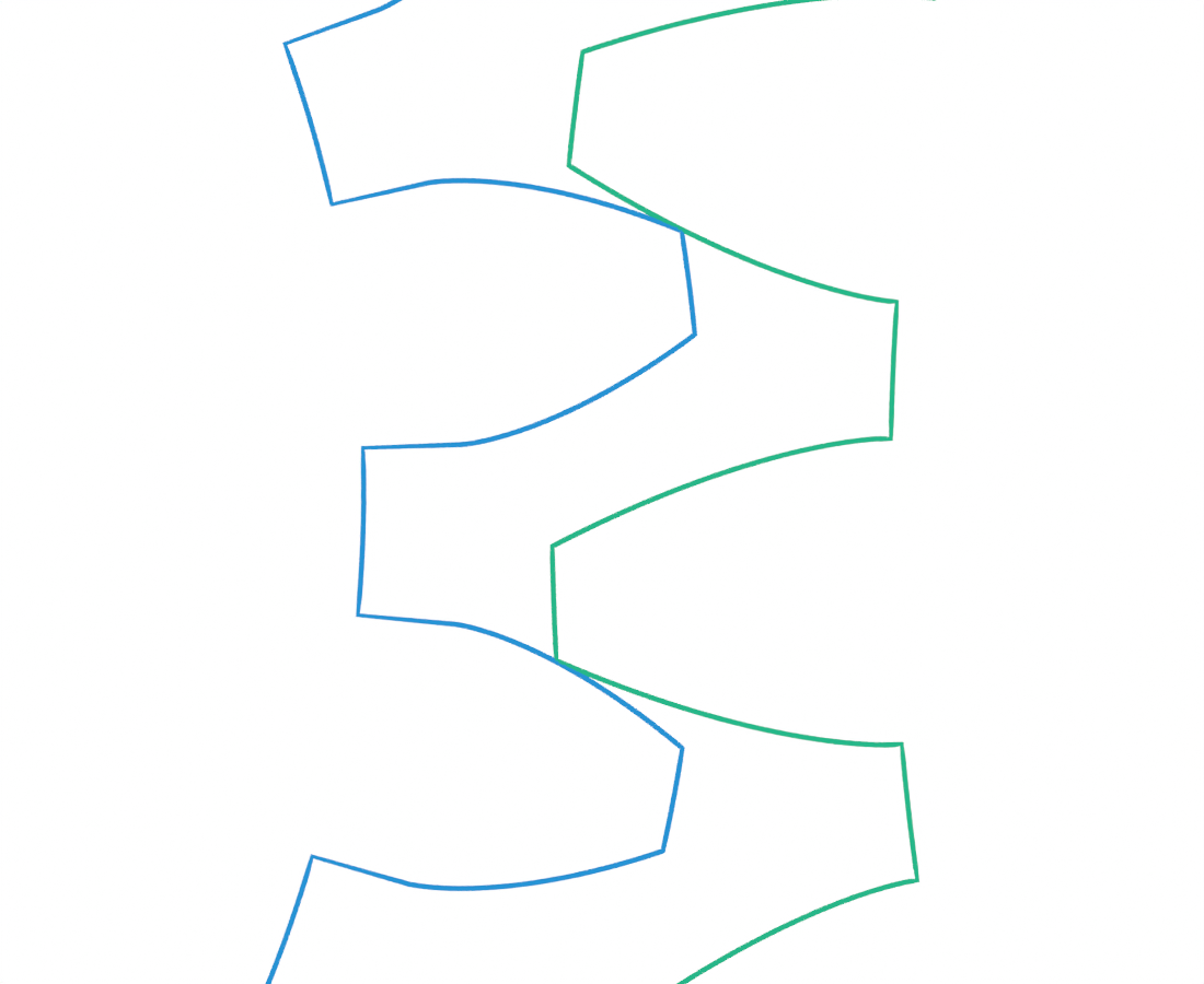 Close view of the blue pinion and green wheel boundaries in a pose with no active involute contact pair at62 mm center distance.