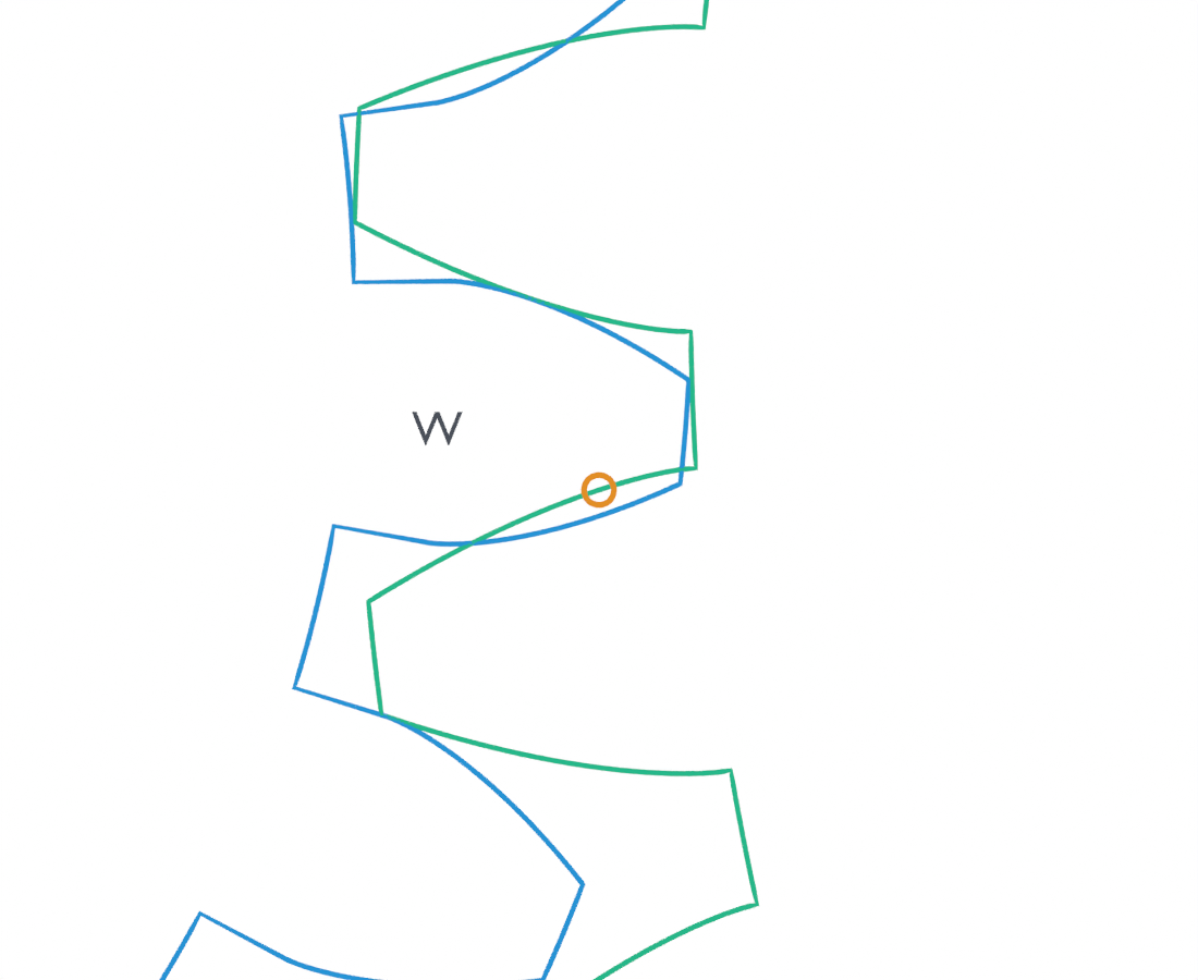 Close view of blue pinion and green wheel tooth boundaries crossing at a marked overlap witness W.