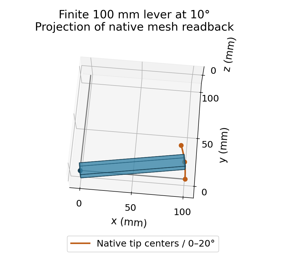 Scientific three-dimensional projection of a full 100 mm finite lever at 10 degrees, fixed x and y reference wires and its tip-center trace from 0 to 20 degrees